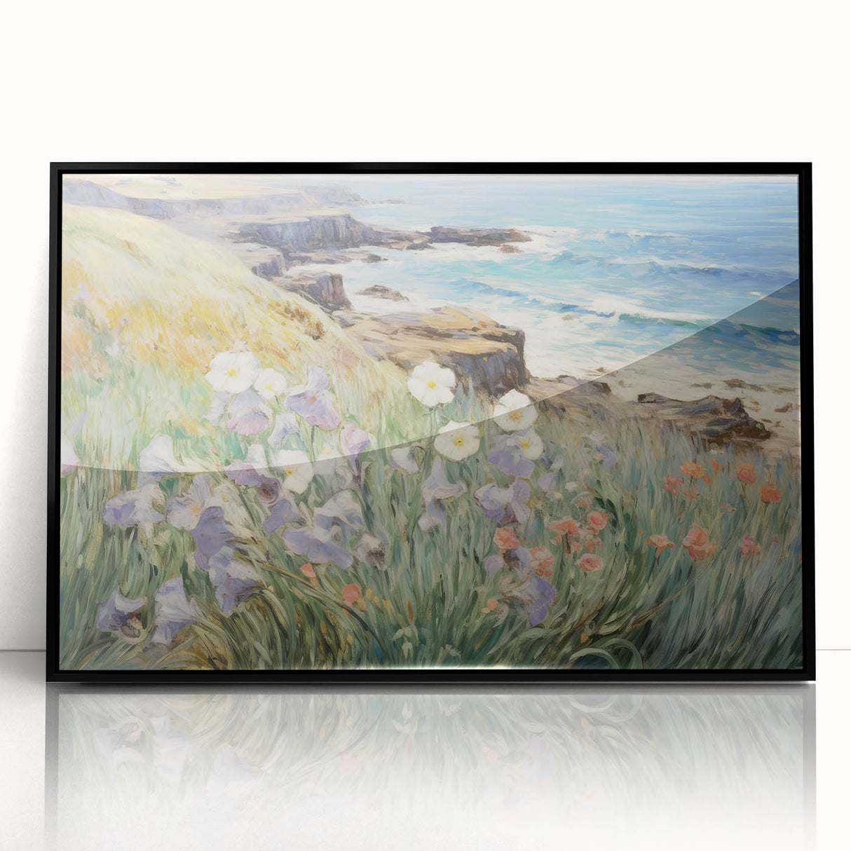 Vintage Landscape Art – Coastal Cliff with Wildflowers – Antique Seaside Wall Art