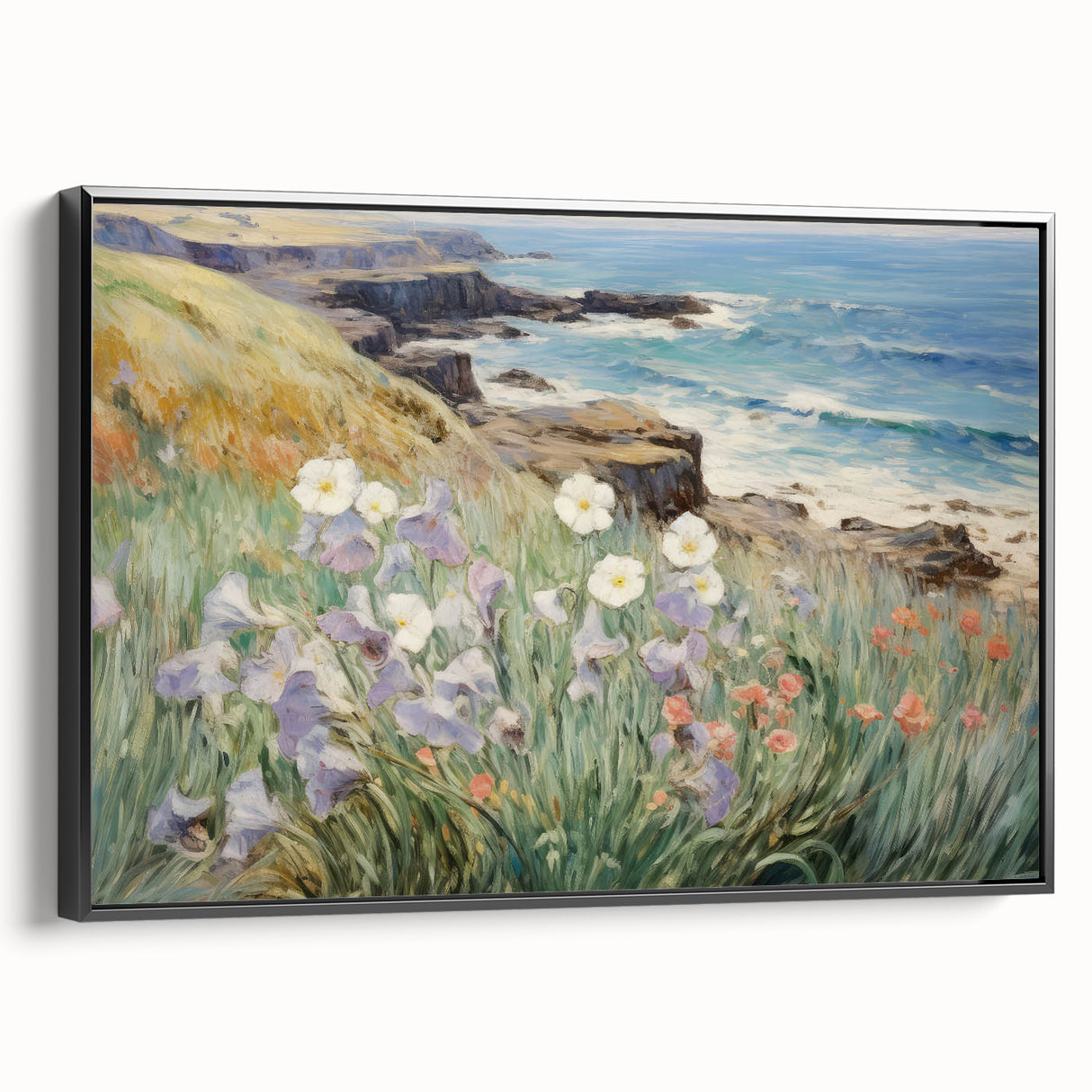 Vintage Landscape Art – Coastal Cliff with Wildflowers – Antique Seaside Wall Art