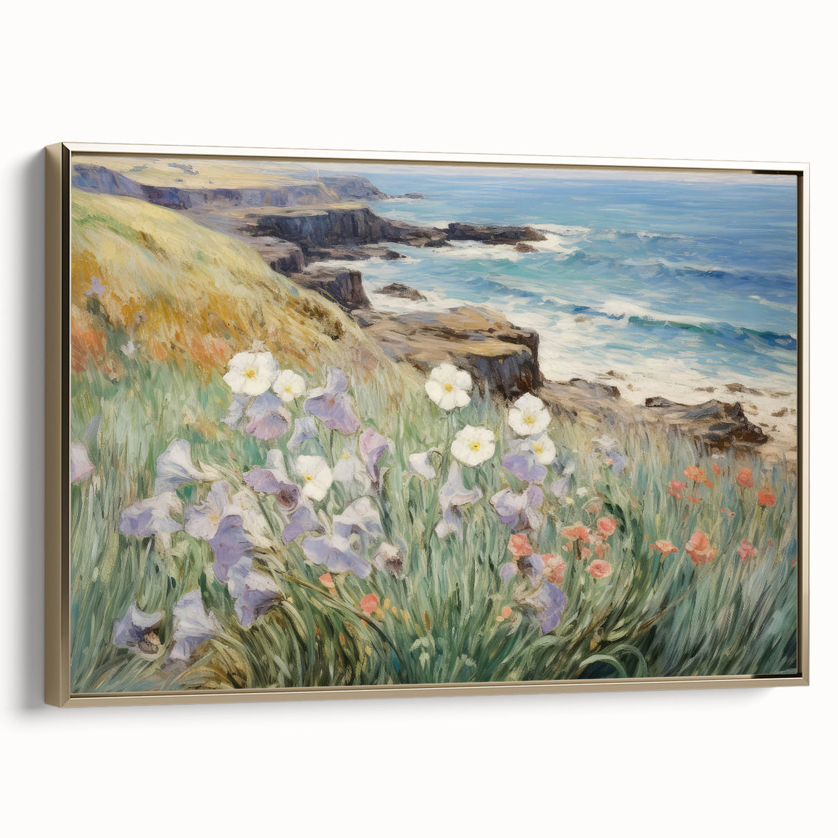 Vintage Landscape Art – Coastal Cliff with Wildflowers – Antique Seaside Wall Art