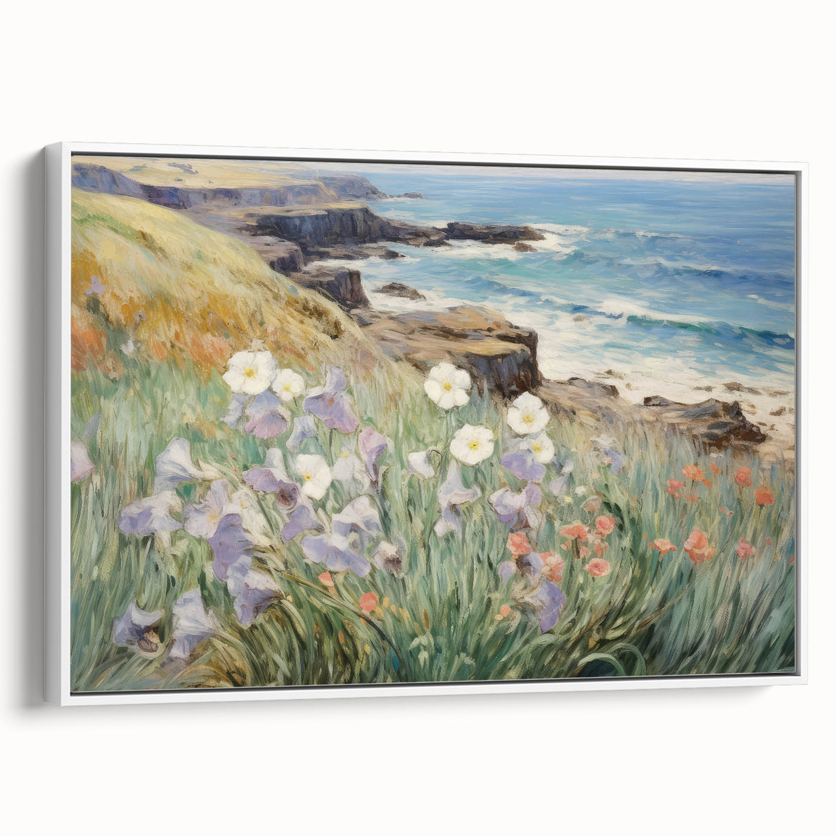 Vintage Landscape Art – Coastal Cliff with Wildflowers – Antique Seaside Wall Art