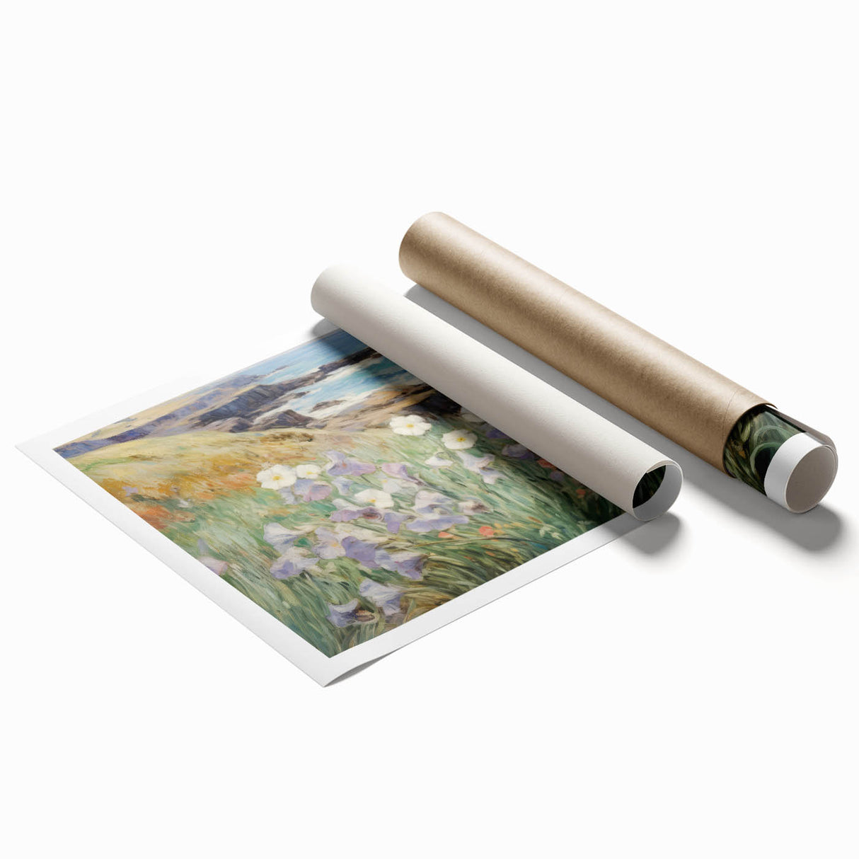 Vintage Landscape Art – Coastal Cliff with Wildflowers – Antique Seaside Wall Art