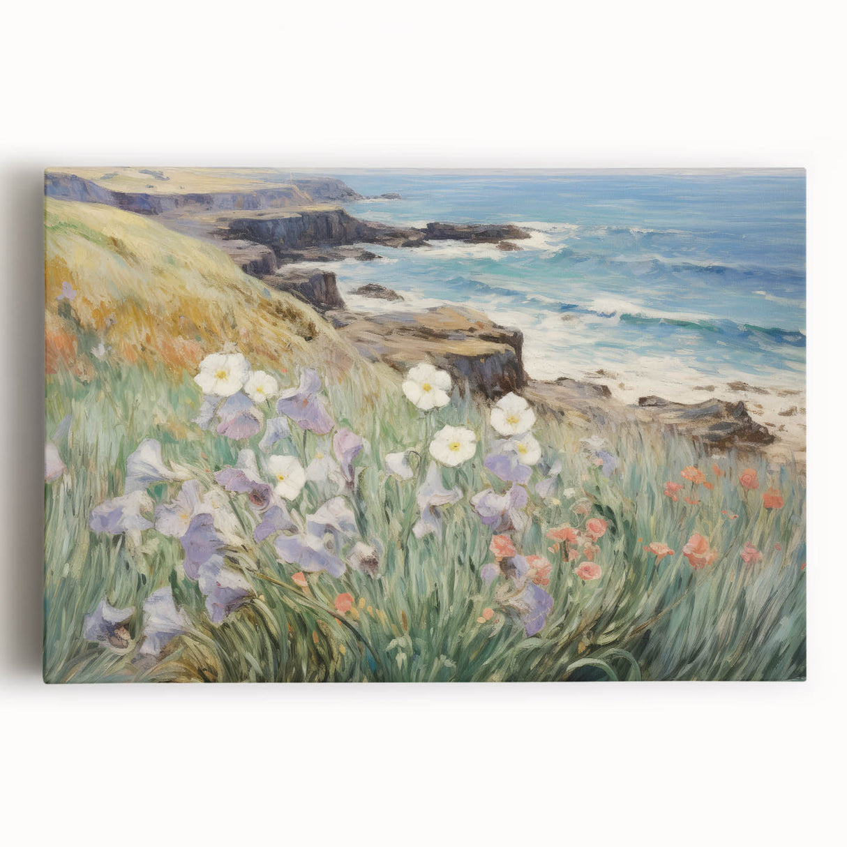 Vintage Landscape Art – Coastal Cliff with Wildflowers – Antique Seaside Wall Art