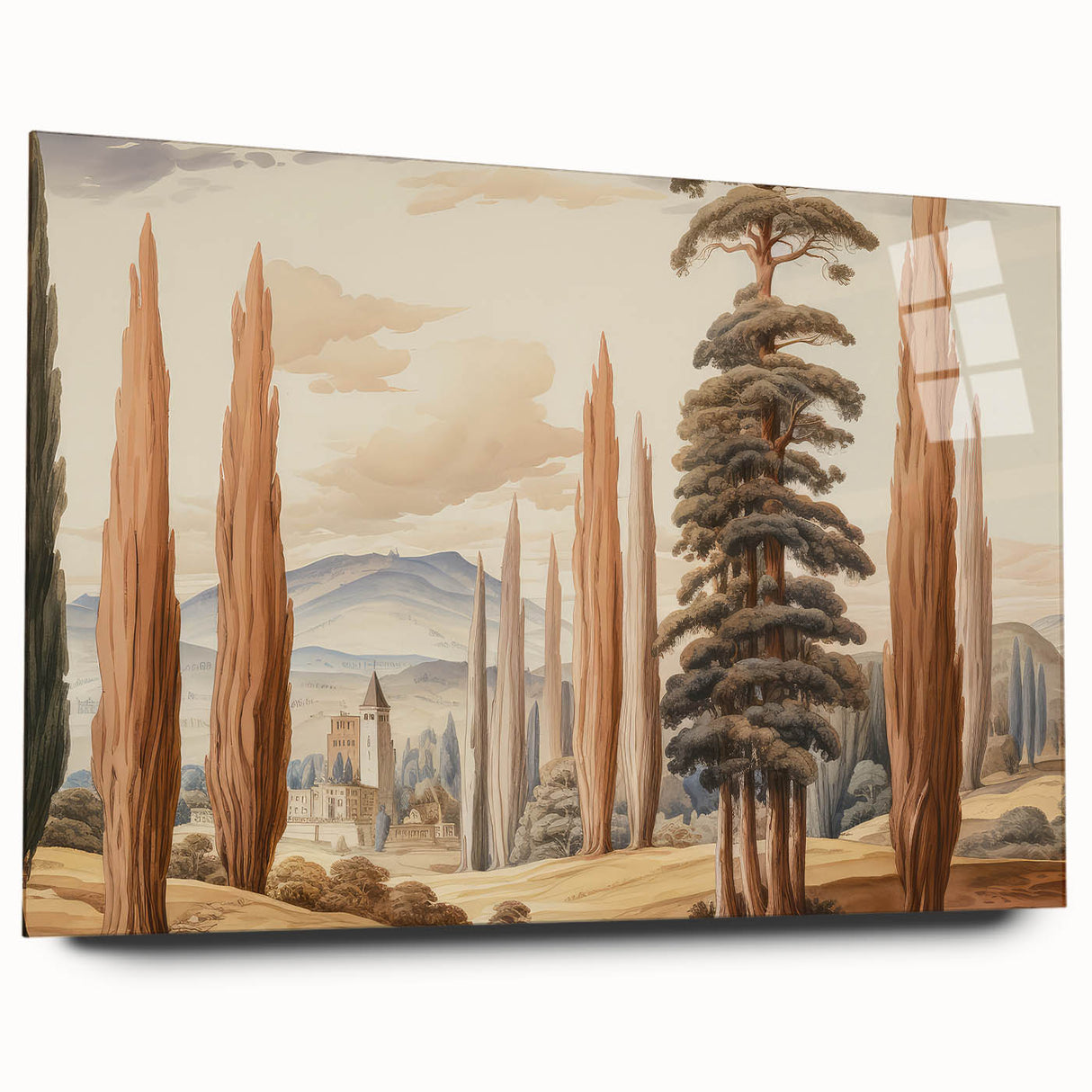 Vintage Landscape Art – Towering Cypress Trees and Scenic Castle – Antique European Wall Art