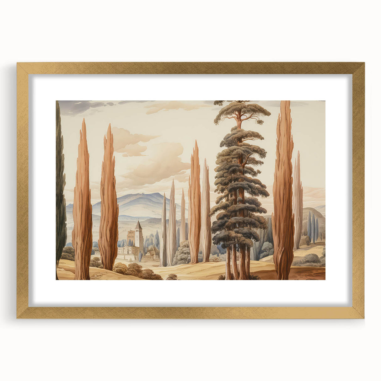 Vintage Landscape Art – Towering Cypress Trees and Scenic Castle – Antique European Wall Art