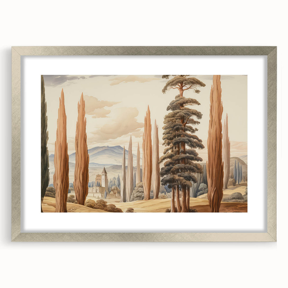 Vintage Landscape Art – Towering Cypress Trees and Scenic Castle – Antique European Wall Art