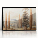 Vintage Landscape Art – Towering Cypress Trees and Scenic Castle – Antique European Wall Art