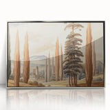 Vintage Landscape Art – Towering Cypress Trees and Scenic Castle – Antique European Wall Art