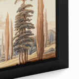 Vintage Landscape Art – Towering Cypress Trees and Scenic Castle – Antique European Wall Art