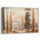 Vintage Landscape Art – Towering Cypress Trees and Scenic Castle – Antique European Wall Art