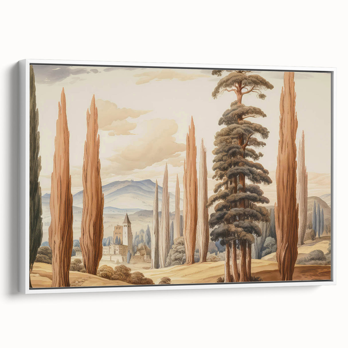 Vintage Landscape Art – Towering Cypress Trees and Scenic Castle – Antique European Wall Art