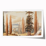 Vintage Landscape Art – Towering Cypress Trees and Scenic Castle – Antique European Wall Art