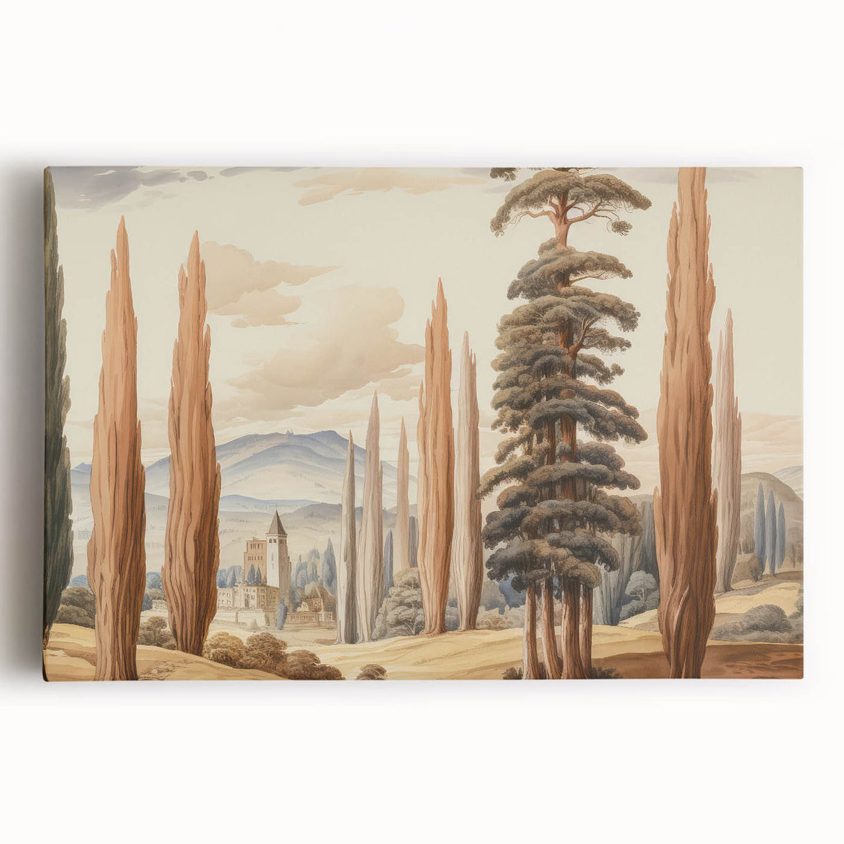 Vintage Landscape Art – Towering Cypress Trees and Scenic Castle – Antique European Wall Art