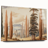 Vintage Landscape Art – Towering Cypress Trees and Scenic Castle – Antique European Wall Art