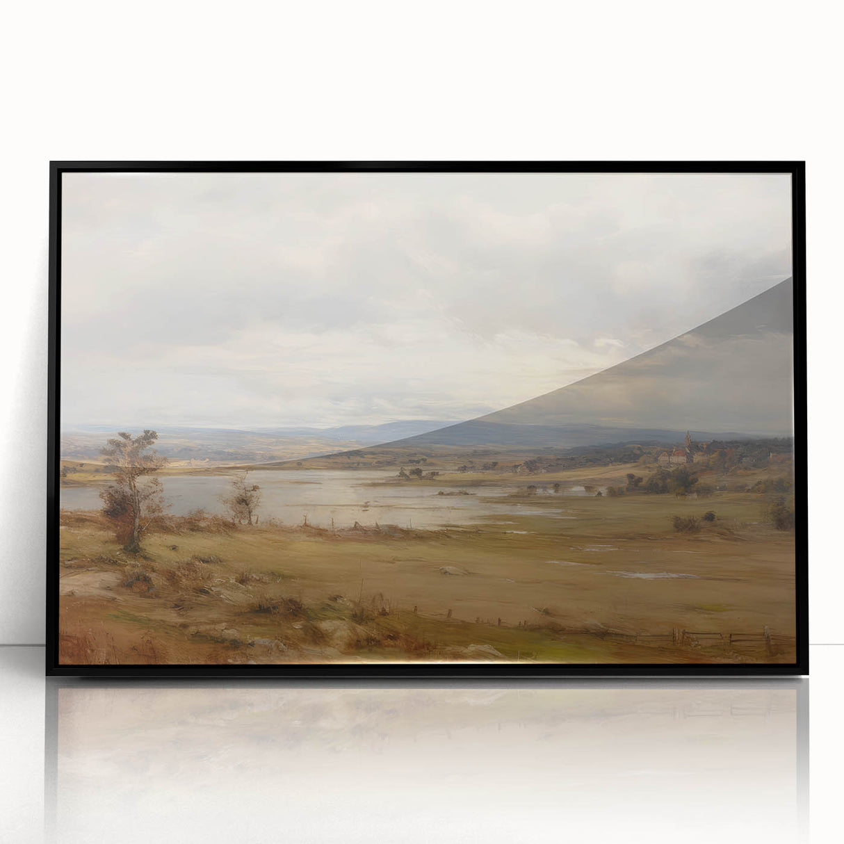 Vintage Landscape Art – Serene Countryside with River and Village – Antique Rural Scene Wall Art