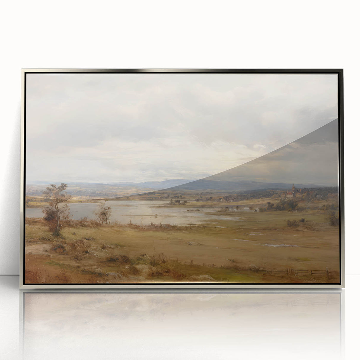 Vintage Landscape Art – Serene Countryside with River and Village – Antique Rural Scene Wall Art
