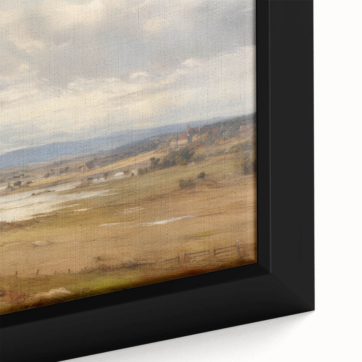 Vintage Landscape Art – Serene Countryside with River and Village – Antique Rural Scene Wall Art