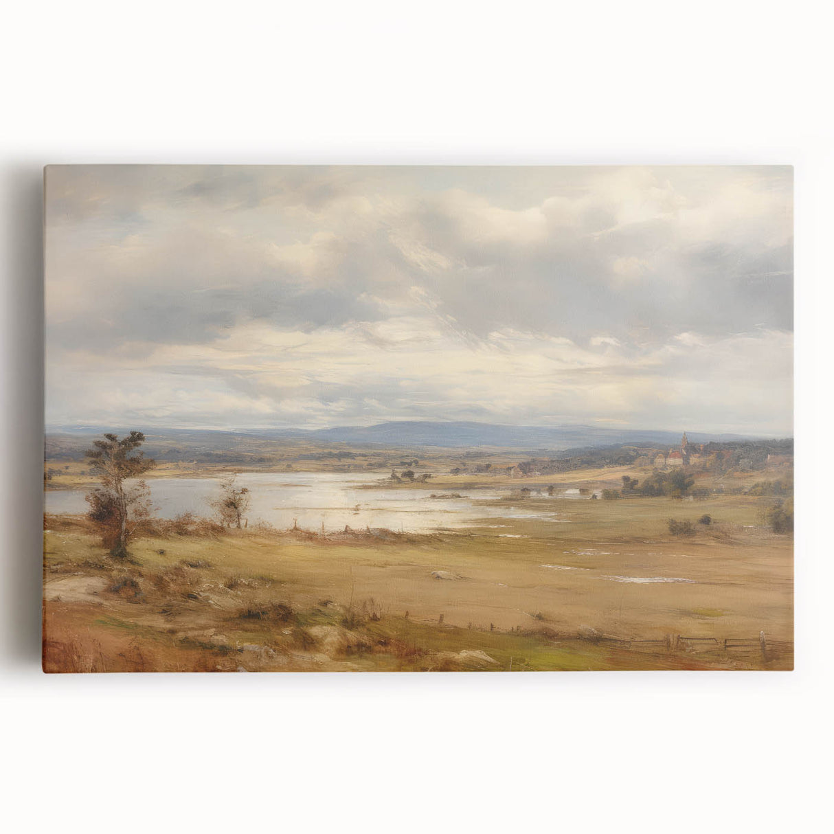 Vintage Landscape Art – Serene Countryside with River and Village – Antique Rural Scene Wall Art