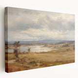 Vintage Landscape Art – Serene Countryside with River and Village – Antique Rural Scene Wall Art