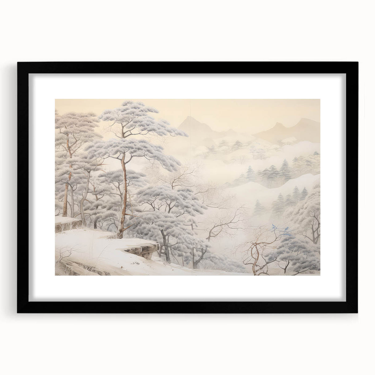 Vintage Landscape Art – Snowy Mountain Pines in Mist – Antique Winter Forest Wall Art
