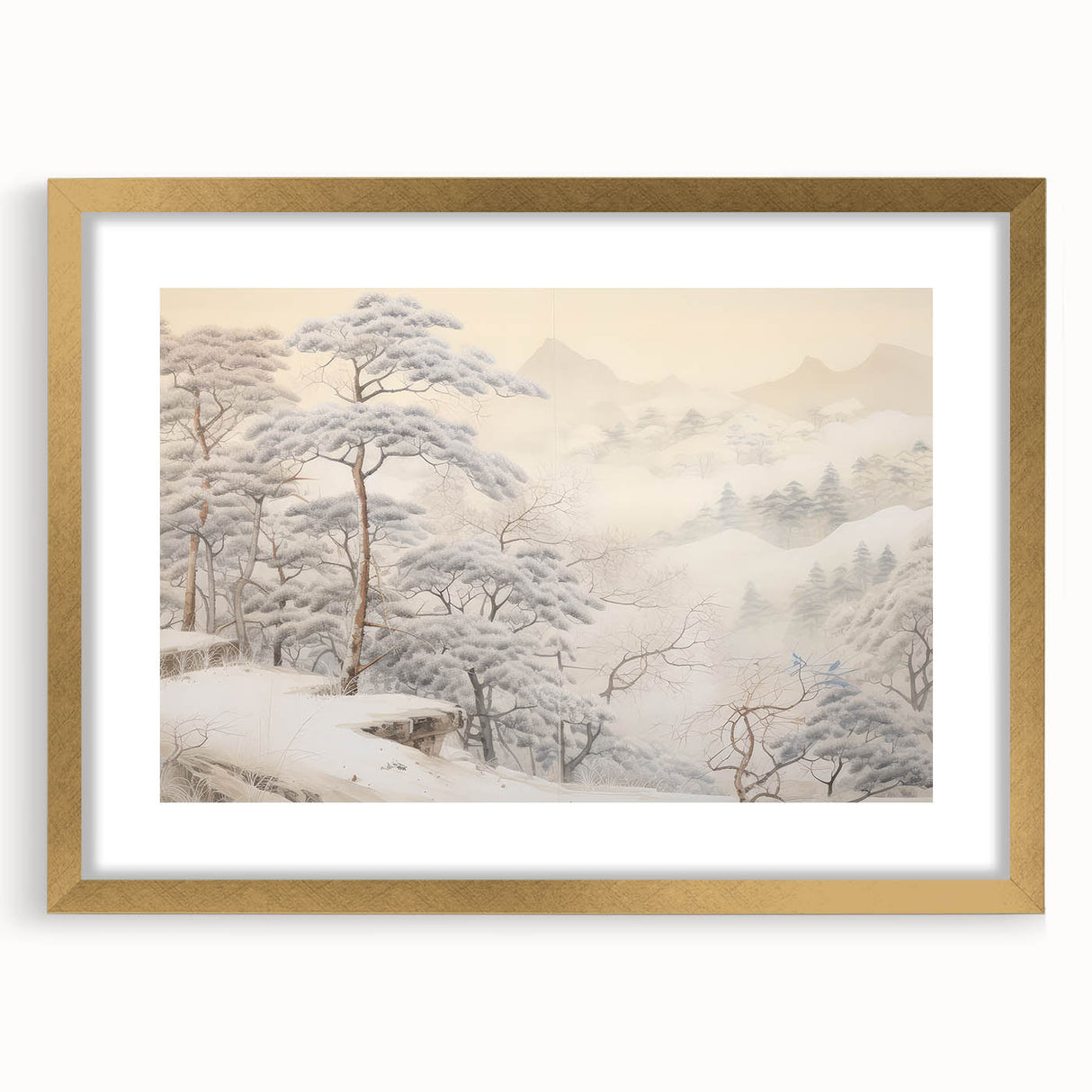 Vintage Landscape Art – Snowy Mountain Pines in Mist – Antique Winter Forest Wall Art
