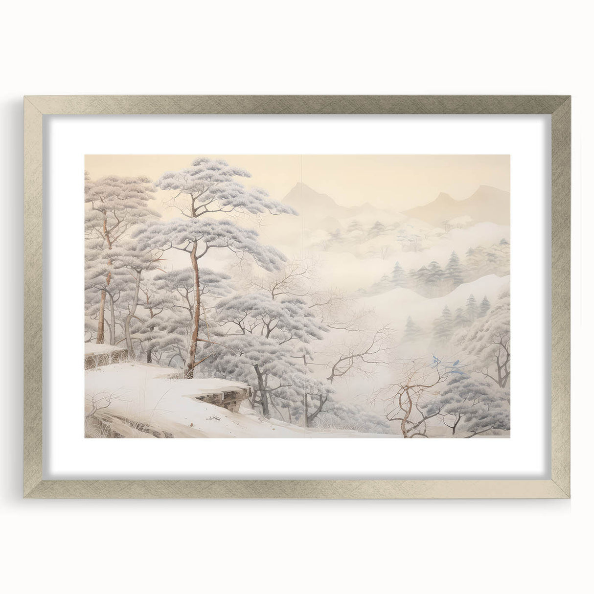 Vintage Landscape Art – Snowy Mountain Pines in Mist – Antique Winter Forest Wall Art