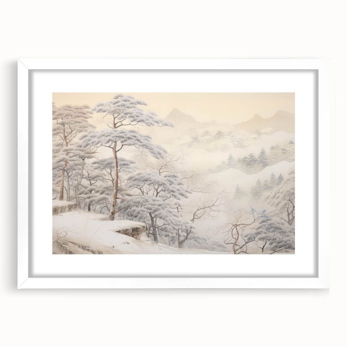 Vintage Landscape Art – Snowy Mountain Pines in Mist – Antique Winter Forest Wall Art