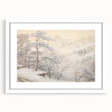 Vintage Landscape Art – Snowy Mountain Pines in Mist – Antique Winter Forest Wall Art