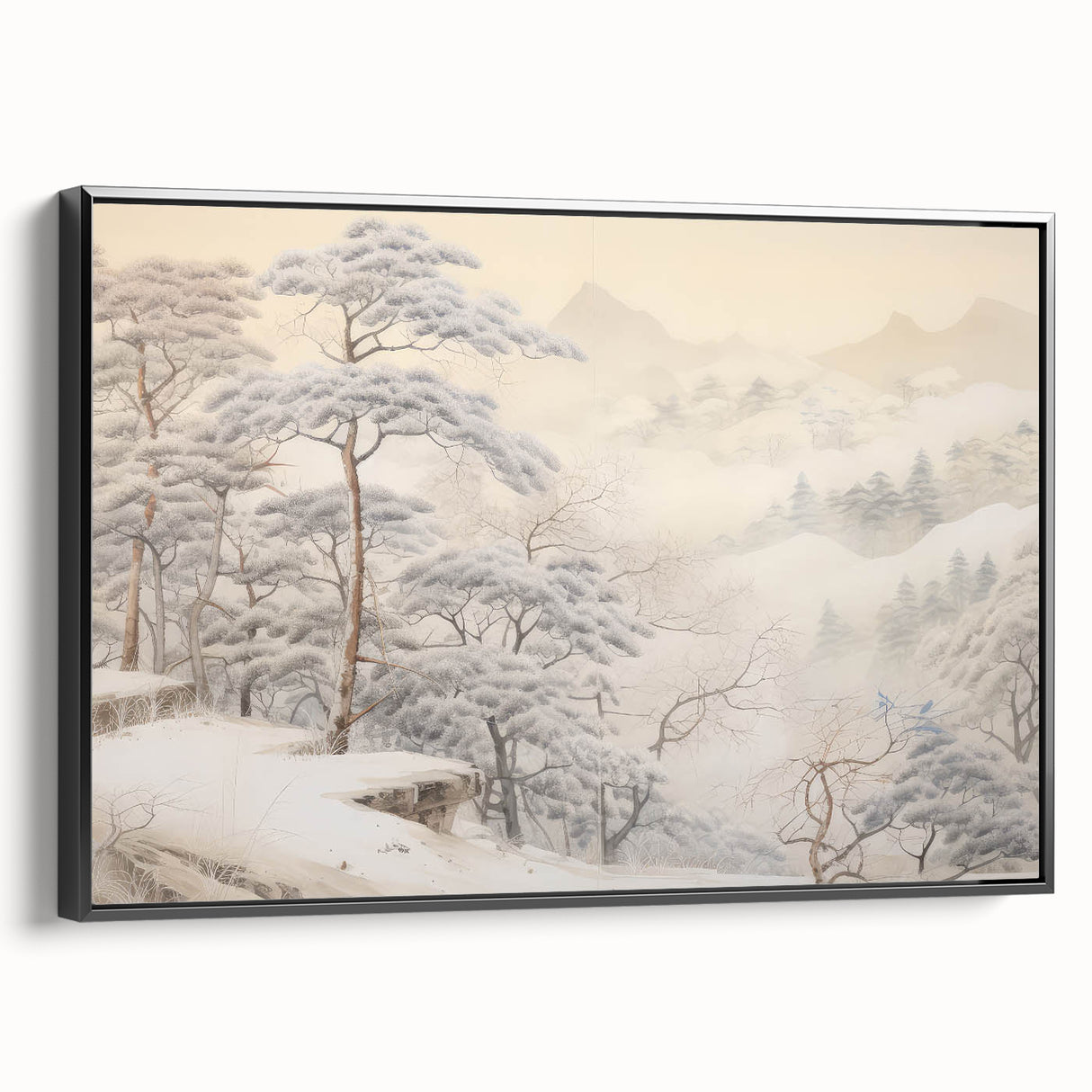 Vintage Landscape Art – Snowy Mountain Pines in Mist – Antique Winter Forest Wall Art