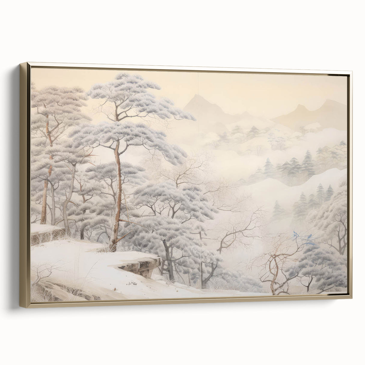 Vintage Landscape Art – Snowy Mountain Pines in Mist – Antique Winter Forest Wall Art