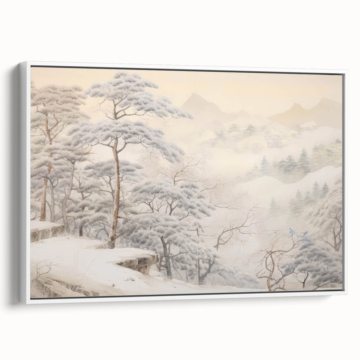 Vintage Landscape Art – Snowy Mountain Pines in Mist – Antique Winter Forest Wall Art