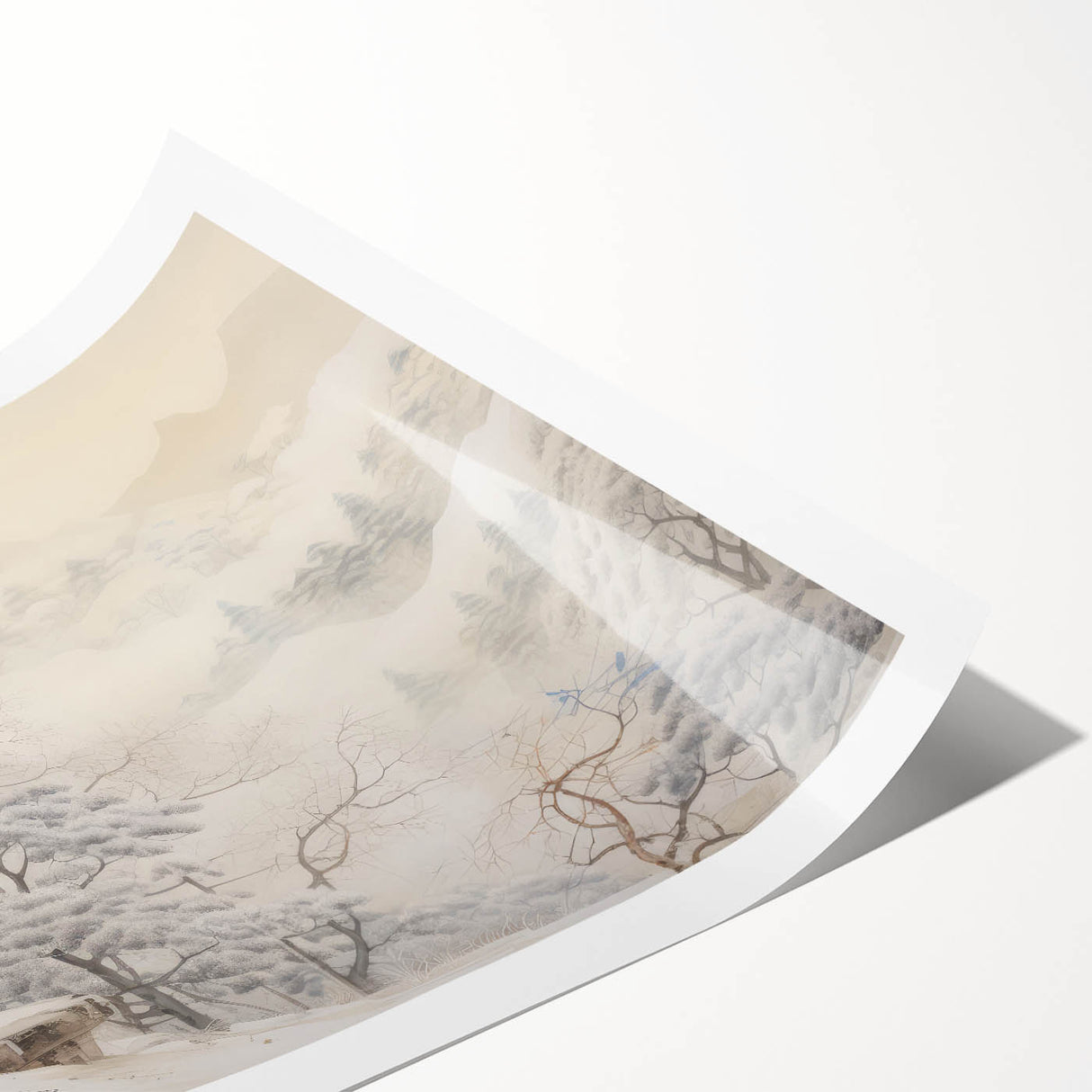 Vintage Landscape Art – Snowy Mountain Pines in Mist – Antique Winter Forest Wall Art