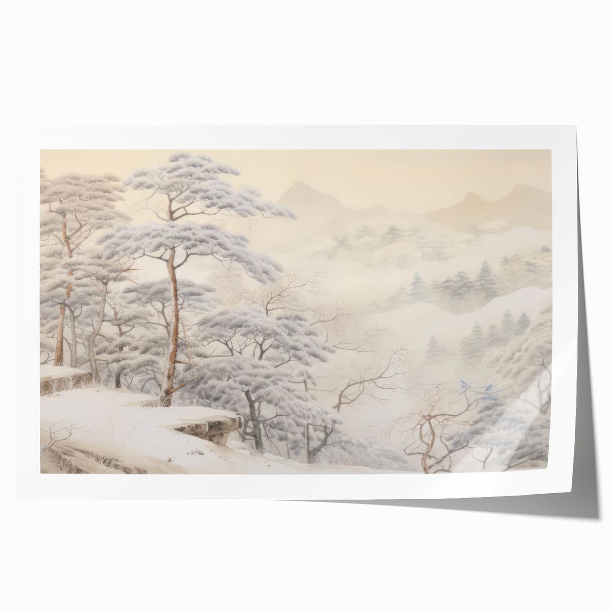 Vintage Landscape Art – Snowy Mountain Pines in Mist – Antique Winter Forest Wall Art
