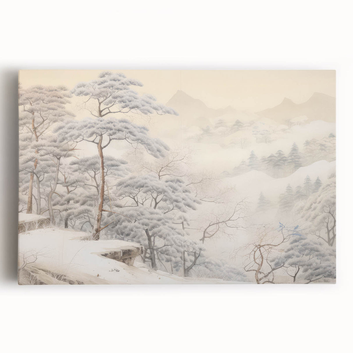 Vintage Landscape Art – Snowy Mountain Pines in Mist – Antique Winter Forest Wall Art