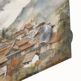 Vintage Landscape Art – Misty Mountain Village with Traditional Architecture – Antique Asian Wall Art
