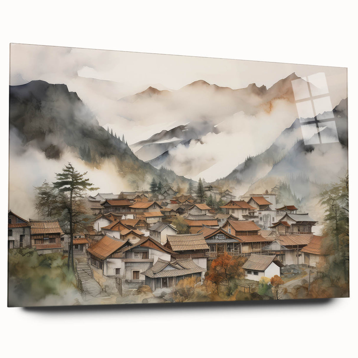 Vintage Landscape Art – Misty Mountain Village with Traditional Architecture – Antique Asian Wall Art