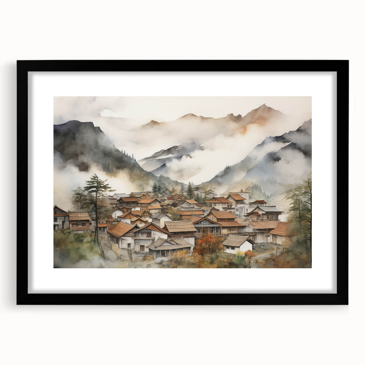 Vintage Landscape Art – Misty Mountain Village with Traditional Architecture – Antique Asian Wall Art