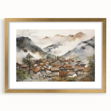 Vintage Landscape Art – Misty Mountain Village with Traditional Architecture – Antique Asian Wall Art
