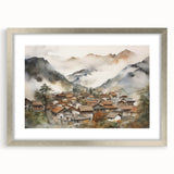 Vintage Landscape Art – Misty Mountain Village with Traditional Architecture – Antique Asian Wall Art