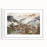 Vintage Landscape Art – Misty Mountain Village with Traditional Architecture – Antique Asian Wall Art