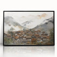 Vintage Landscape Art – Misty Mountain Village with Traditional Architecture – Antique Asian Wall Art
