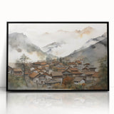 Vintage Landscape Art – Misty Mountain Village with Traditional Architecture – Antique Asian Wall Art