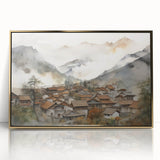 Vintage Landscape Art – Misty Mountain Village with Traditional Architecture – Antique Asian Wall Art