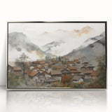 Vintage Landscape Art – Misty Mountain Village with Traditional Architecture – Antique Asian Wall Art
