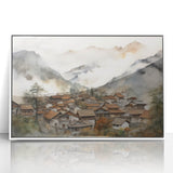 Vintage Landscape Art – Misty Mountain Village with Traditional Architecture – Antique Asian Wall Art