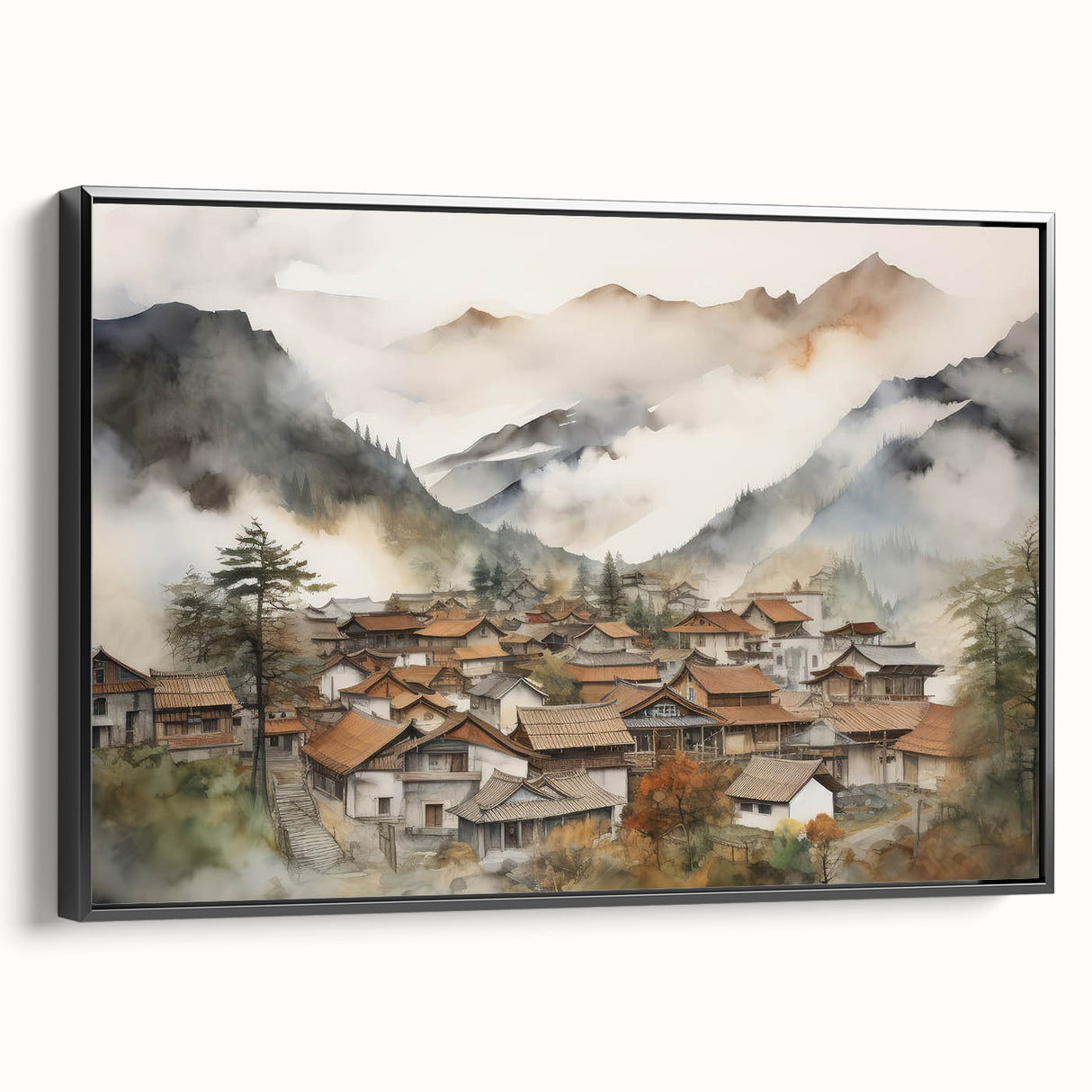 Vintage Landscape Art – Misty Mountain Village with Traditional Architecture – Antique Asian Wall Art