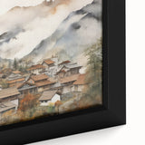 Vintage Landscape Art – Misty Mountain Village with Traditional Architecture – Antique Asian Wall Art