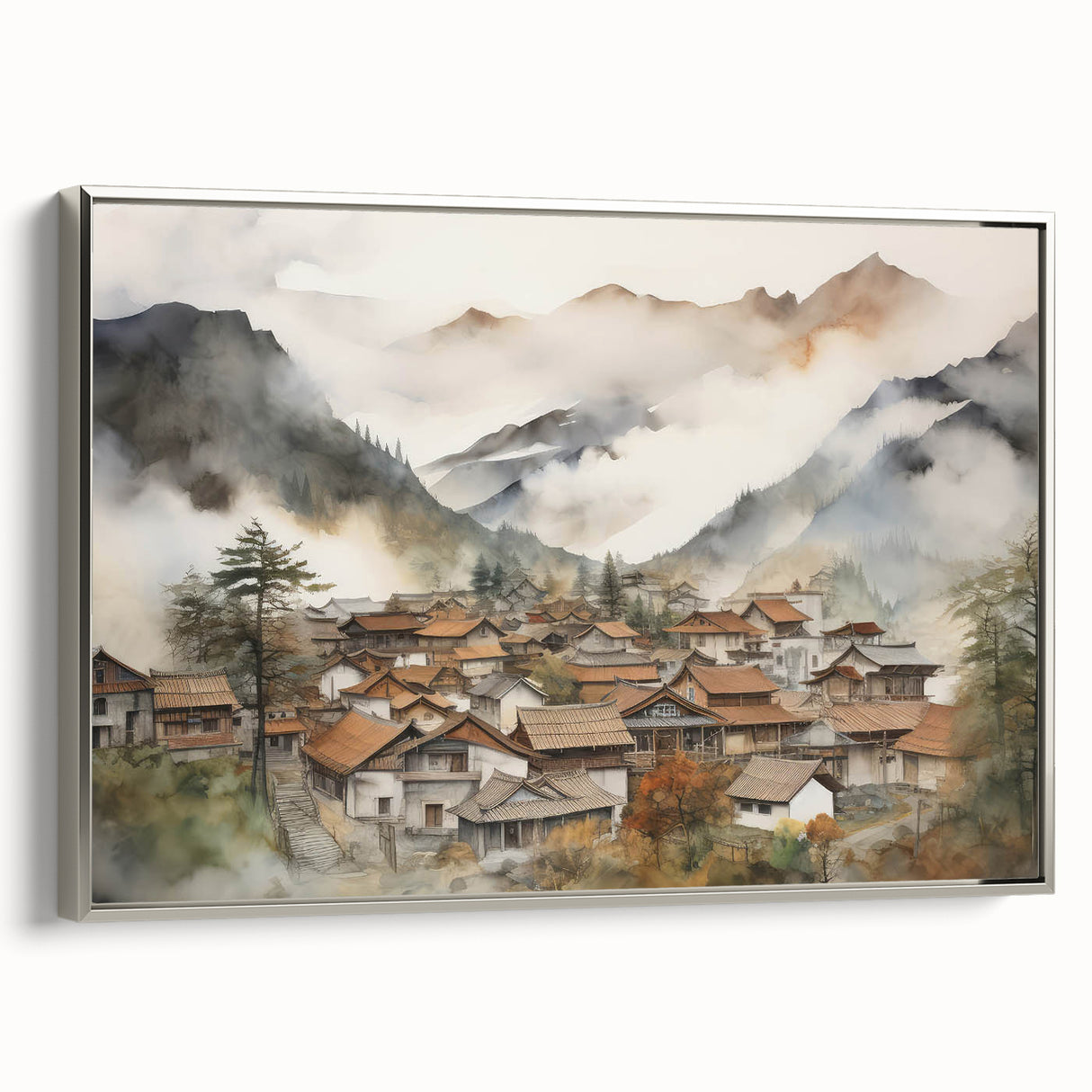 Vintage Landscape Art – Misty Mountain Village with Traditional Architecture – Antique Asian Wall Art