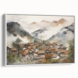 Vintage Landscape Art – Misty Mountain Village with Traditional Architecture – Antique Asian Wall Art