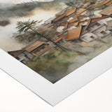 Vintage Landscape Art – Misty Mountain Village with Traditional Architecture – Antique Asian Wall Art