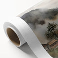 Vintage Landscape Art – Misty Mountain Village with Traditional Architecture – Antique Asian Wall Art